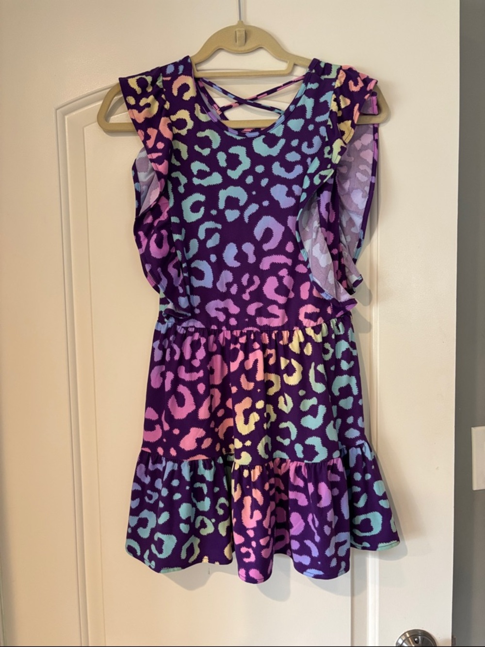 Kids Purple Rainbow Leopard Ruffle Dress